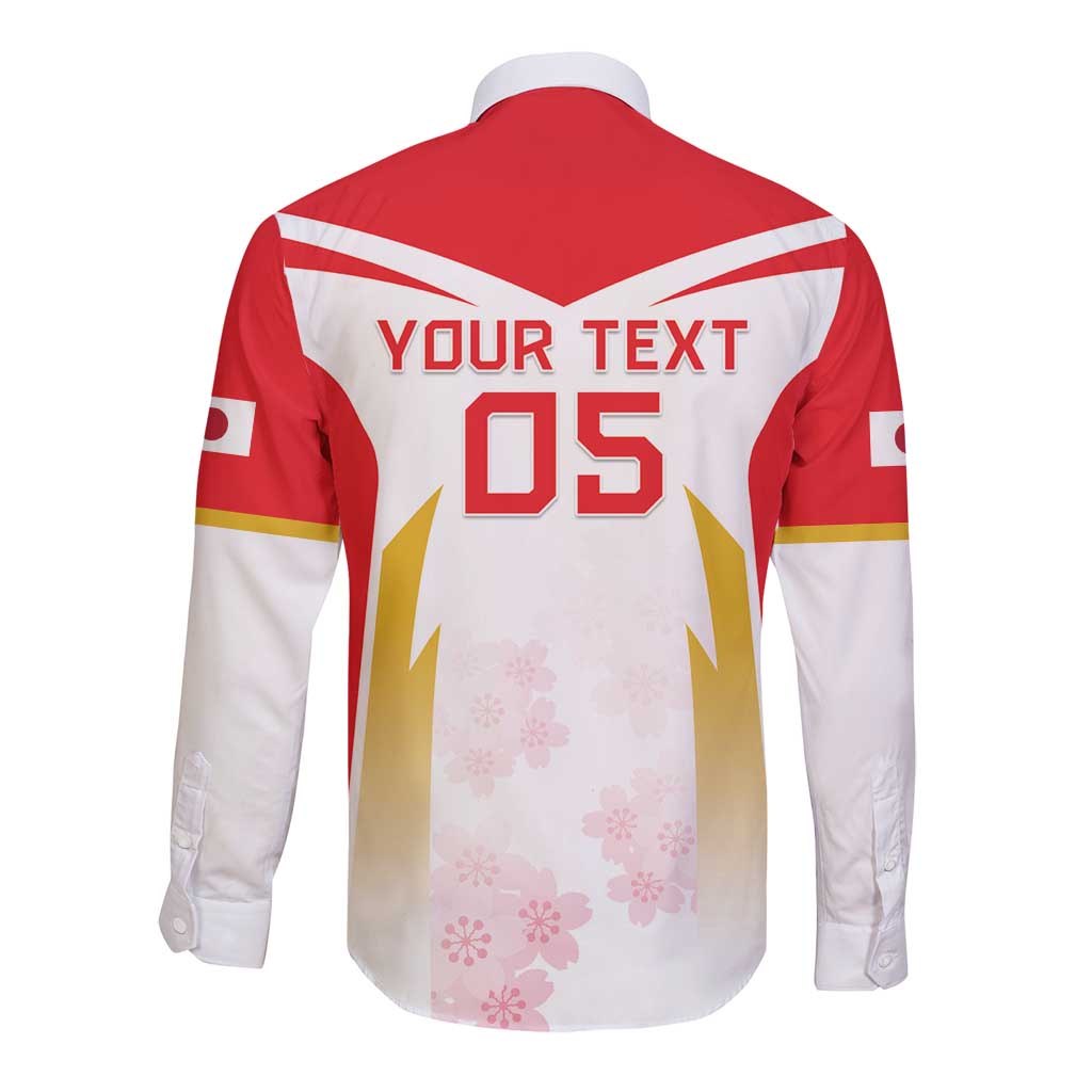 Red long-sleeve rugby button shirt, back shows YOUR TEXT 05 and cherry blossom graphic