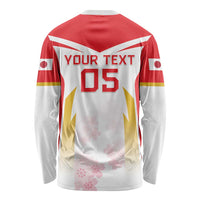 Long-sleeve rugby shirt, back view: red panel, YOUR TEXT 05, cherry blossoms