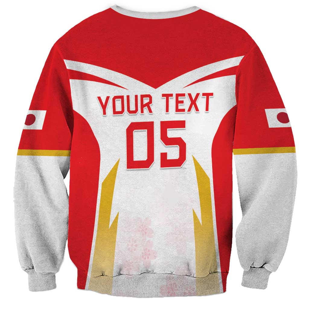 Red unisex rugby sweatshirt with gray sleeves, back 'YOUR TEXT' and '05' print