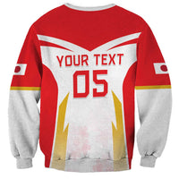Red unisex rugby sweatshirt with gray sleeves, back 'YOUR TEXT' and '05' print