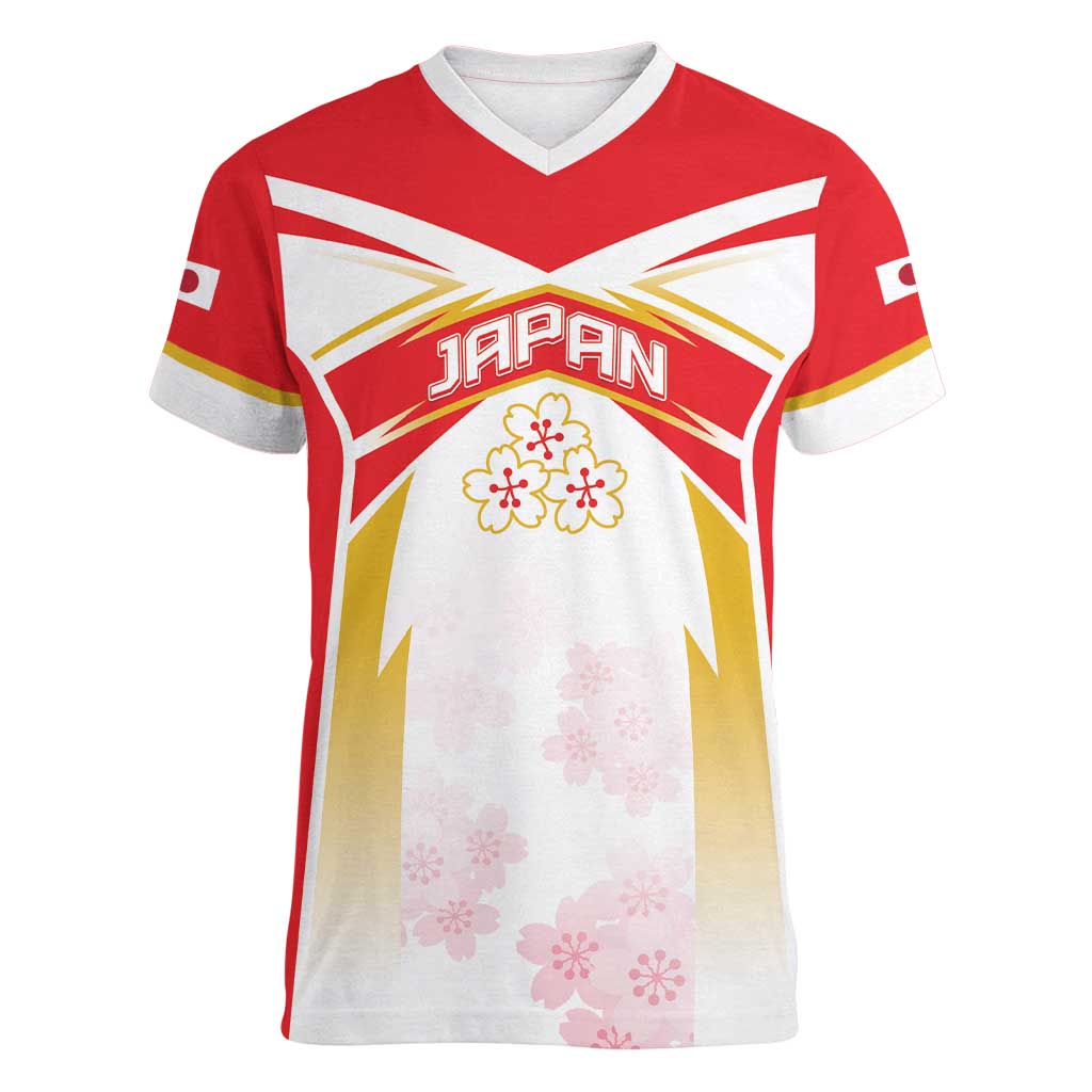 Custom Japan Rugby 2024 Women V-Neck T-Shirt Go Cherry Blossoms LT05 - Wonder Print Shop