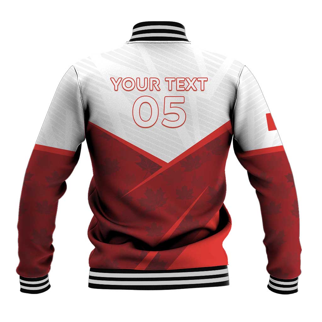 Red and white baseball jacket back with YOUR TEXT 05 and striped collar and cuffs