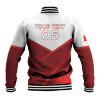 Red and white baseball jacket back with YOUR TEXT 05 and striped collar and cuffs