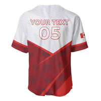 Red/white baseball jersey back view, YOUR TEXT 05 print, V-neck and striped yoke