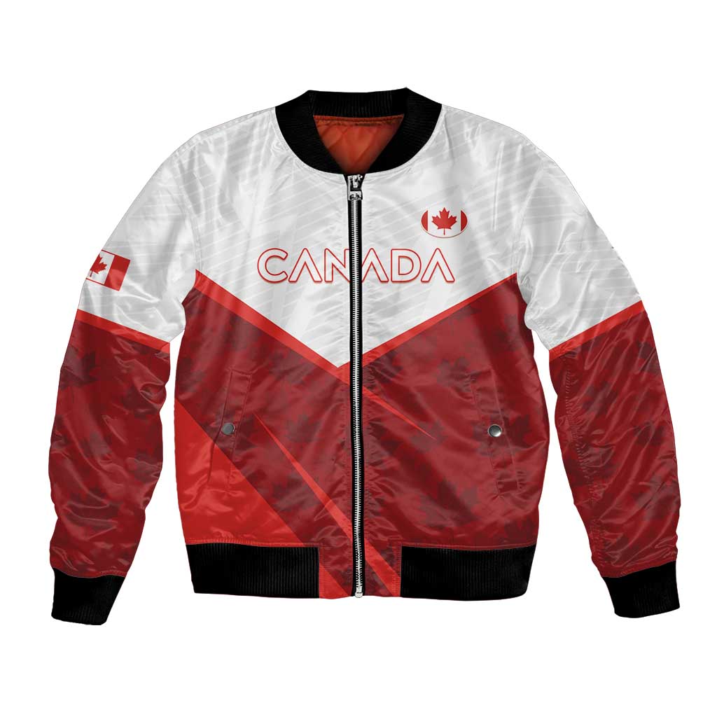 Red and white bomber jacket with zip and ribbed trim; Canada logo on chest