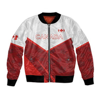 Red and white bomber jacket with zip and ribbed trim; Canada logo on chest