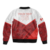 White and red bomber jacket with ribbed collar; 'YOUR TEXT' and '05' on back