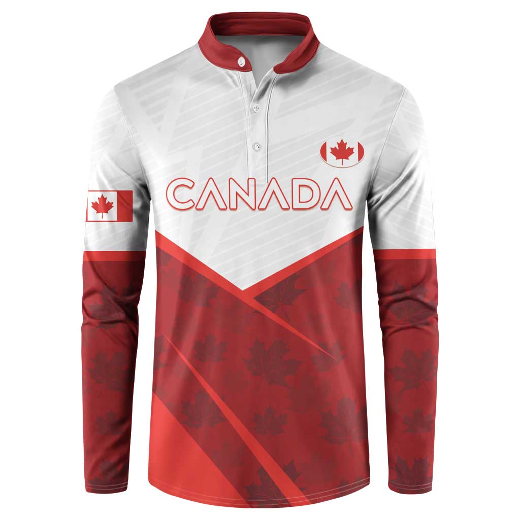 Red and white Canada button sweatshirt, red collar, Canada wordmark, maple leaf logo