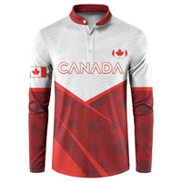 Red and white Canada button sweatshirt, red collar, Canada wordmark, maple leaf logo