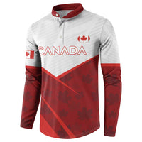 Red and white Canada button sweatshirt with front Canada wordmark and maple leaf emblem