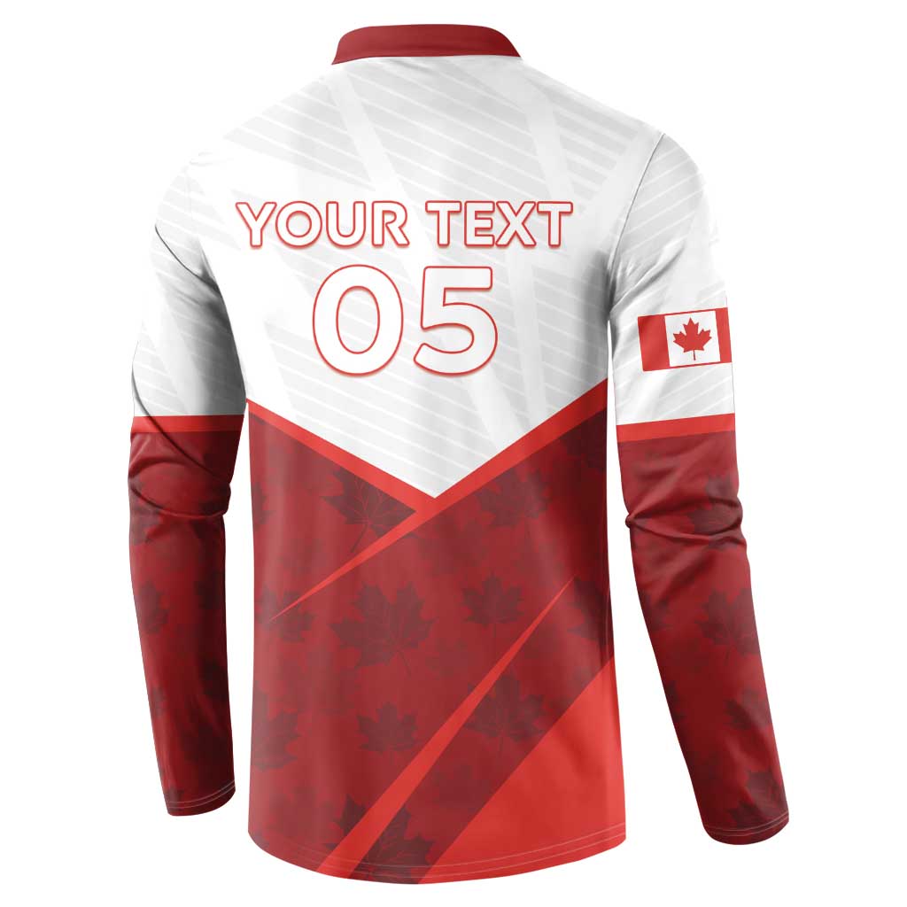 Back view of red and white Canada button sweatshirt with “YOUR TEXT” and “05” graphic
