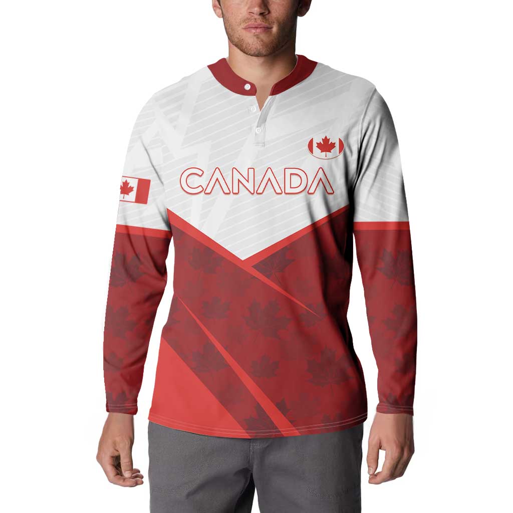 Red and white Canada button sweatshirt with long sleeves, Canada logo, and maple leaf