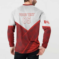 Back view of red and white Canada button sweatshirt with “YOUR TEXT” and “05” print