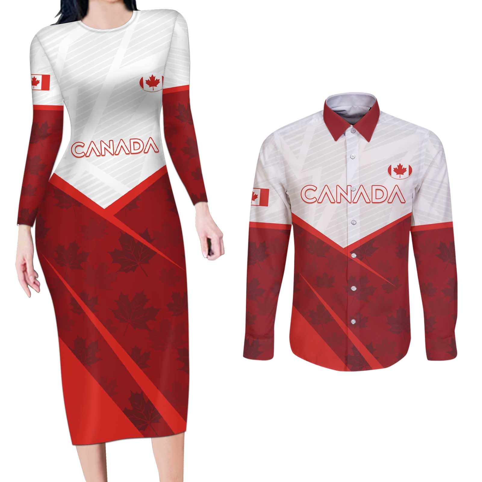 Custom Canada Rugby 2024 Couples Matching Long Sleeve Bodycon Dress and Long Sleeve Button Shirt Go Canada Simple Style LT05 - Wonder Print Shop