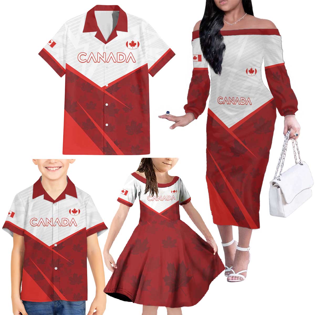 Custom Canada Rugby 2024 Family Matching Off The Shoulder Long Sleeve Dress and Hawaiian Shirt Go Canada Simple Style LT05 - Wonder Print Shop