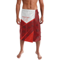 Red wrap-style rugby skirt with white waistband, front graphic and '05' print