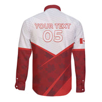 Unisex rugby button-up shirt back, red and white long sleeves with 'YOUR TEXT 05'