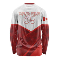 Back of red and white long-sleeve rugby shirt with YOUR TEXT and 05 plus maple leaf