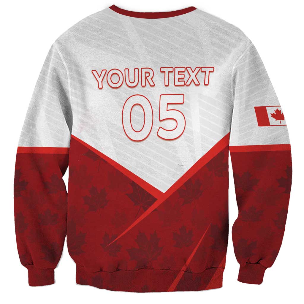 Back of gray and red crewneck sweatshirt with YOUR TEXT 05 and maple leaf sleeve