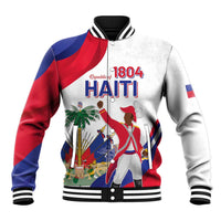 White baseball jacket with red/blue panels, ribbed collar, front print with 1804 HAITI