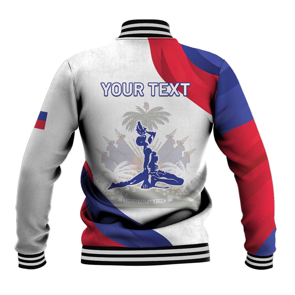 White baseball jacket with red/blue sleeves, ribbed hem, back print with YOUR TEXT