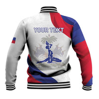 White baseball jacket with red/blue sleeves, ribbed hem, back print with YOUR TEXT