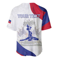 White baseball jersey with 'YOUR TEXT' and Haiti coat-of-arms graphic on the back