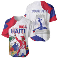 White baseball jersey showing front and back: 1804 HAITI print and 'YOUR TEXT' back