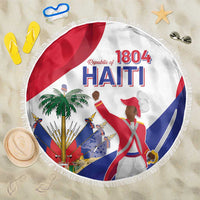 Round beach blanket with fringed edge, white fabric, Haiti 1804 graphic flag design