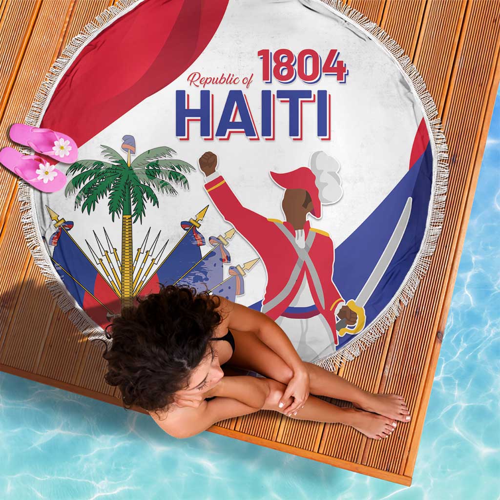 Round beach blanket with fringed edge, white fabric, Haiti 1804 flag graphic