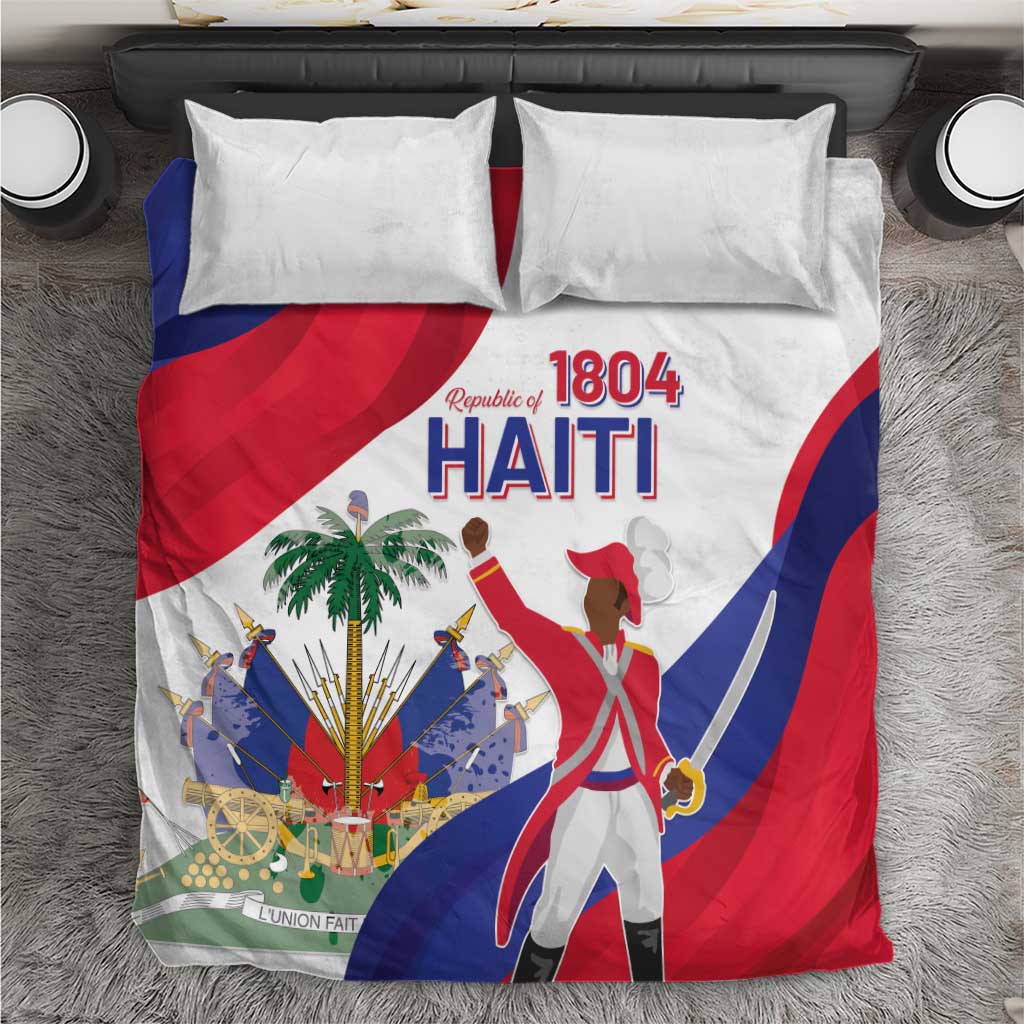 Haiti independence day bedding set with white pillows and red/blue Haiti flag duvet