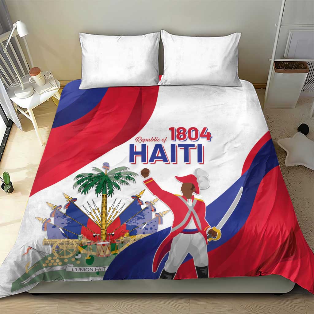Haiti independence day bedding set with two white pillows and “HAITI” flag duvet