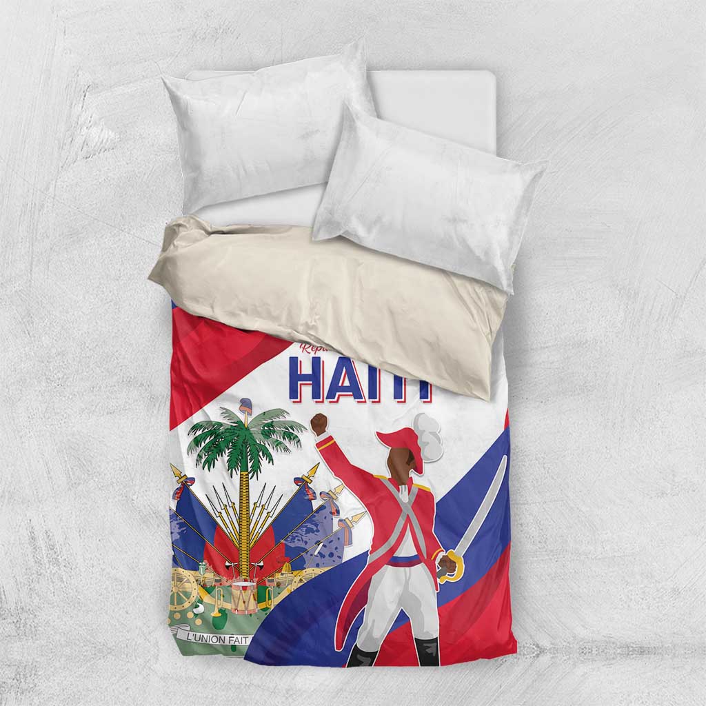 Haiti independence day bedding set laid flat: flag duvet with “HAITI” and white pillows