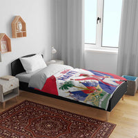 Haiti independence day bedding set on a bed with flag-themed red, blue, and white duvet