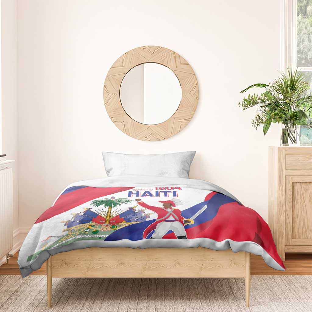 Haiti independence day bedding set with flag print duvet and white pillows on a wooden bed
