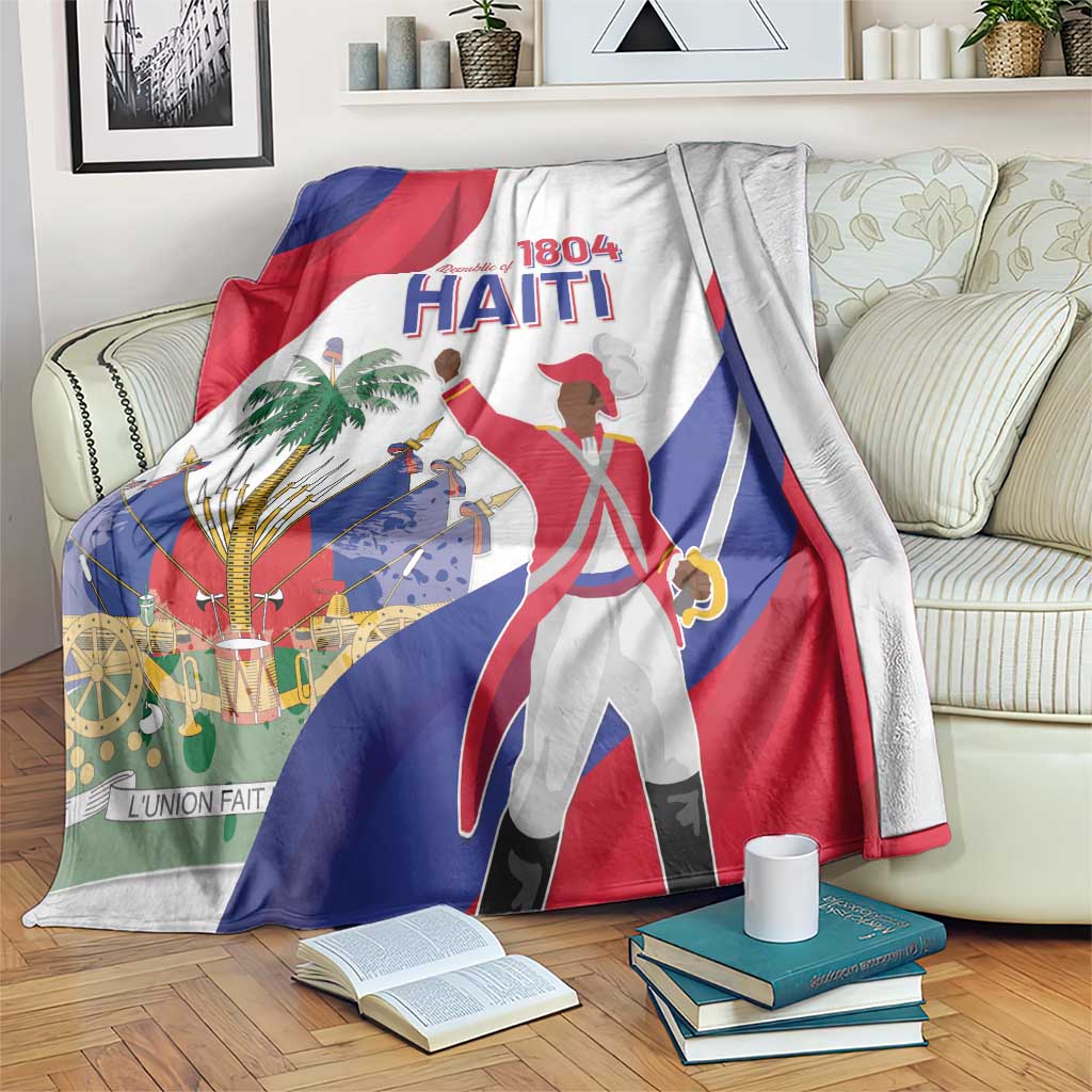 Haiti independence day blanket with flag design, 1804 Haiti text, and sword figures