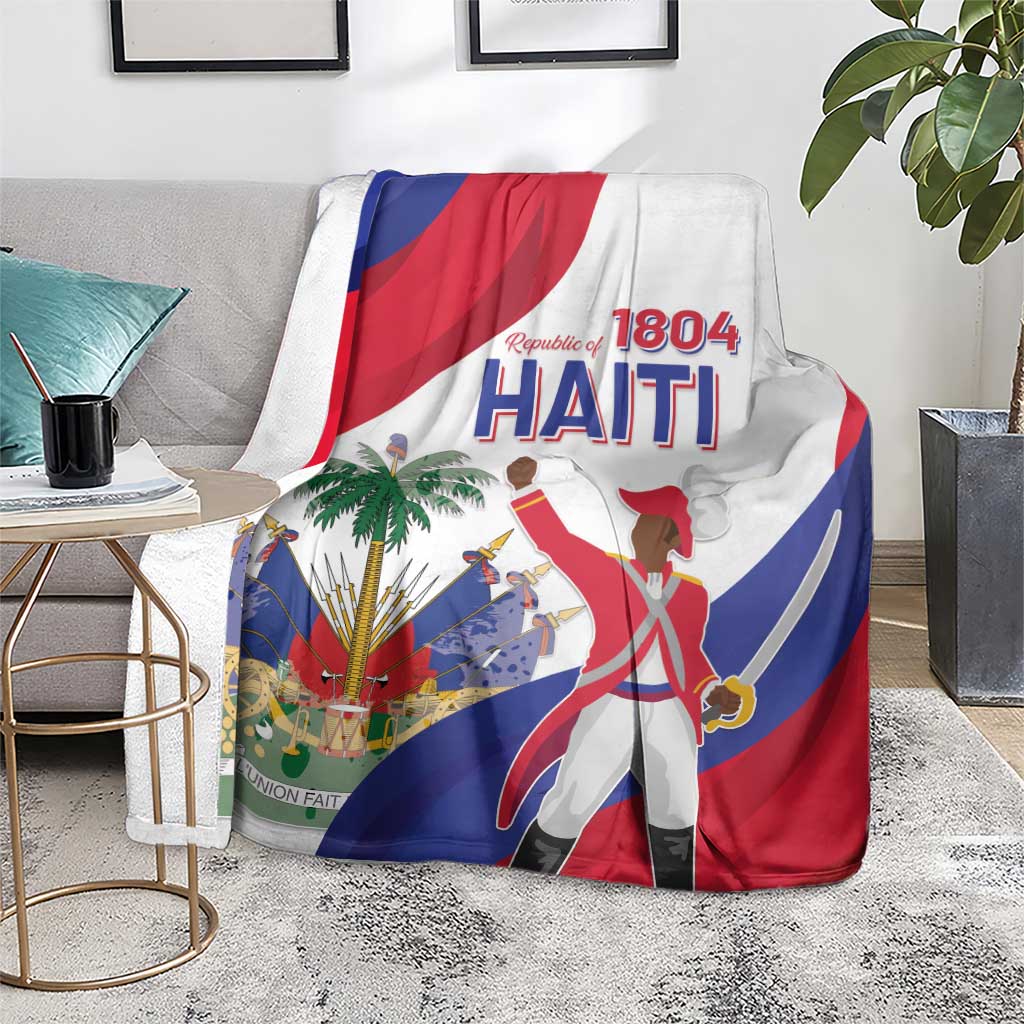 Haiti independence day blanket over a sofa seat, showing 1804 Haiti and flag artwork