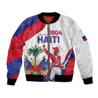 White bomber jacket with zip front, ribbed cuffs, Haiti graphic panel and 1804 text