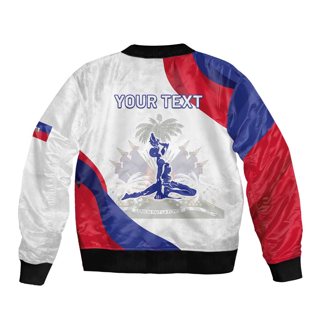 White bomber jacket with zip front, ribbed cuffs, Haiti scene artwork and Your Text