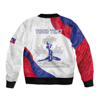 White bomber jacket with zip front, ribbed cuffs, Haiti scene artwork and Your Text