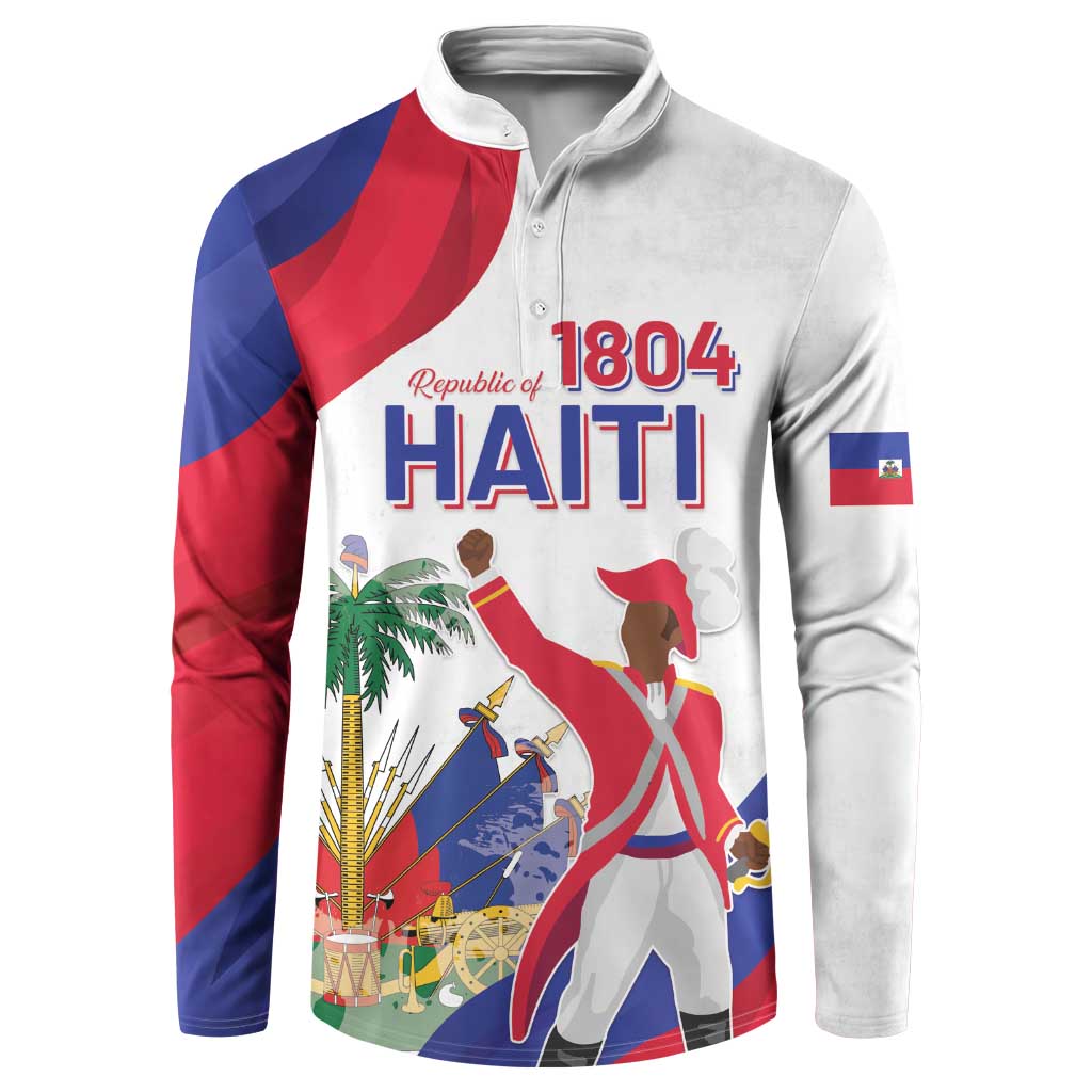 White henley button sweatshirt with Haiti graphic front and flag-style sleeve panels