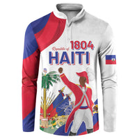 White henley button sweatshirt with Haiti graphic front and flag-style sleeve panels