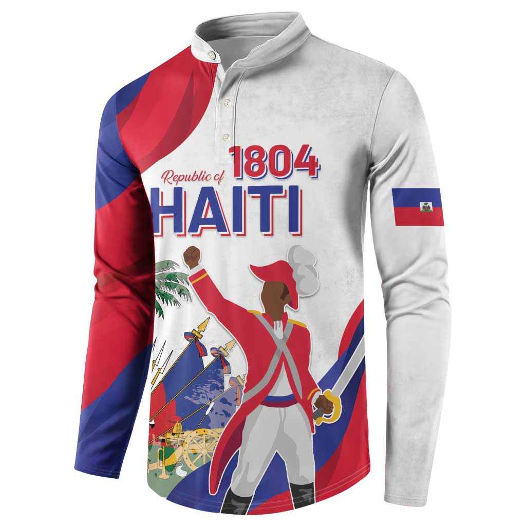 White henley button sweatshirt showing Haiti graphic and small Haiti flag badge on sleeve