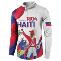 White henley button sweatshirt showing Haiti graphic and small Haiti flag badge on sleeve