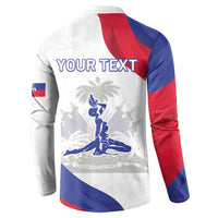 White henley button sweatshirt with back YOUR TEXT and Haiti-themed artwork