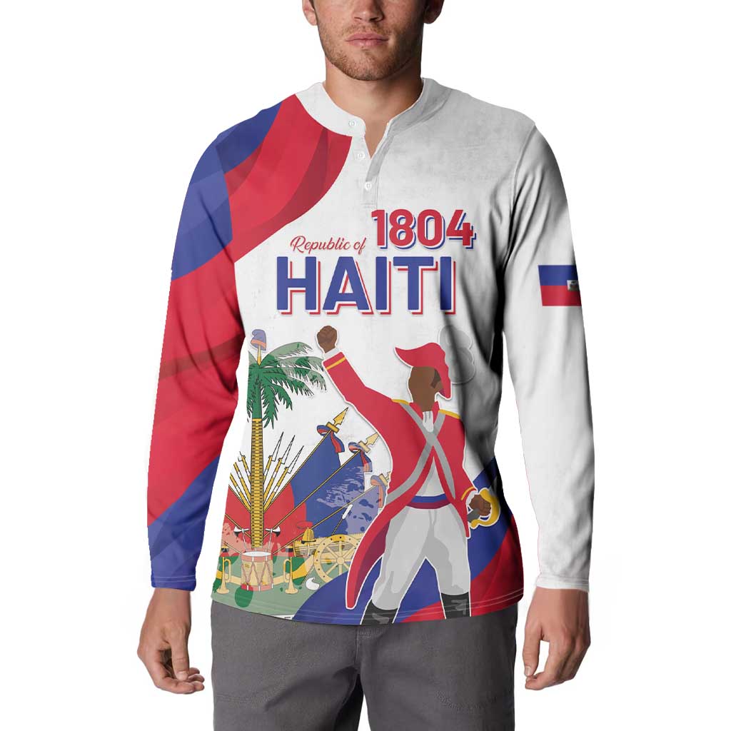 White henley button sweatshirt with Haiti 1804 Republic graphic and flag sleeve panel