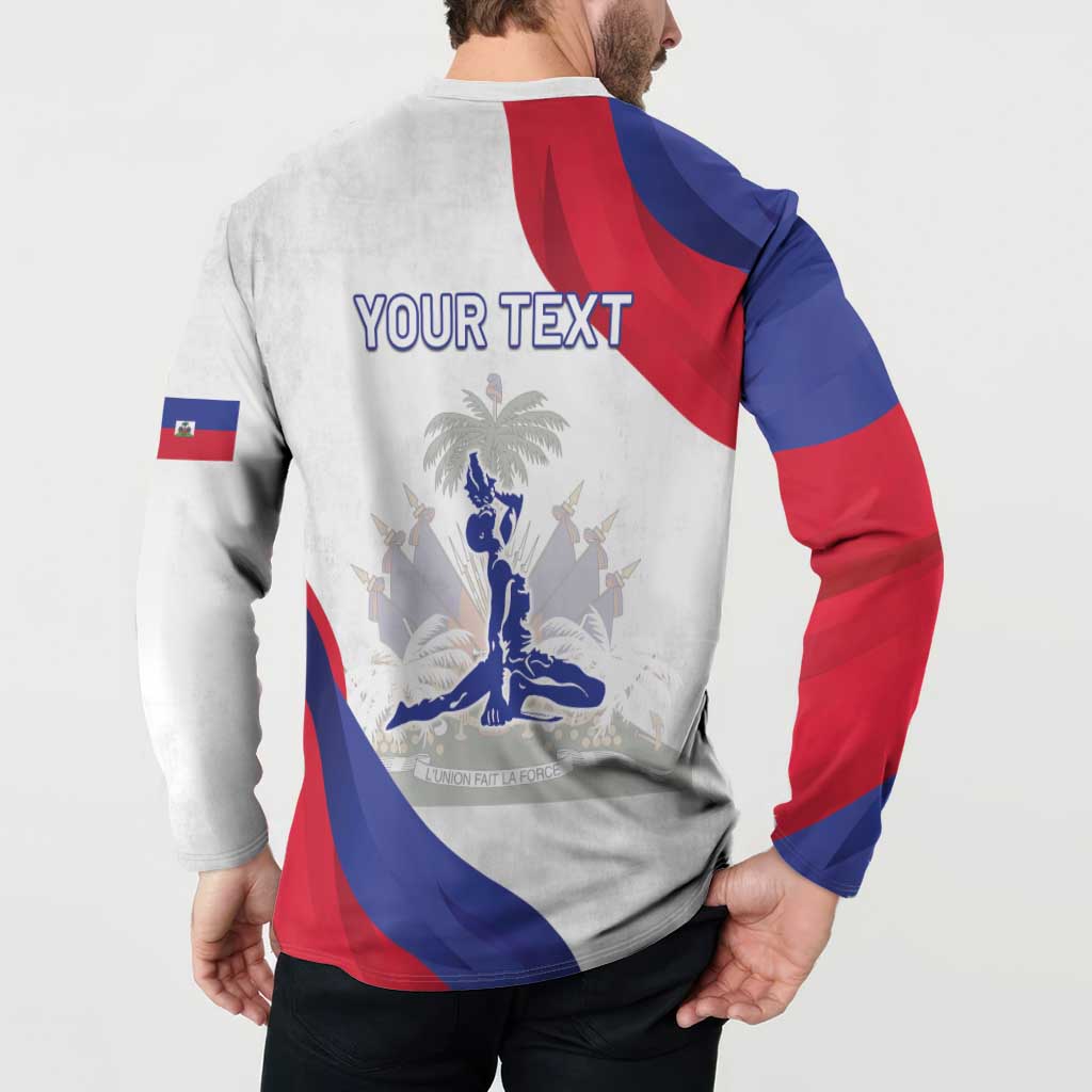 White henley button sweatshirt with back YOUR TEXT Haiti crest and flag-style sleeves
