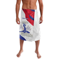 White lavalava wrap skirt with Haiti flag print and custom text panel