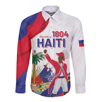 White long-sleeve button shirt with Haiti 1804 graphic and flag-color panels