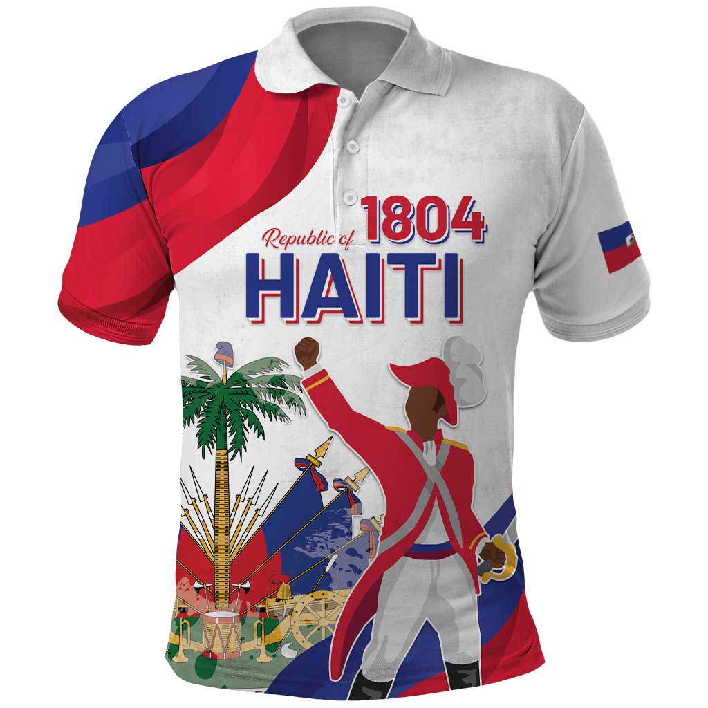 White polo shirt with front Haiti graphic, 1804 text, and red/blue flag design